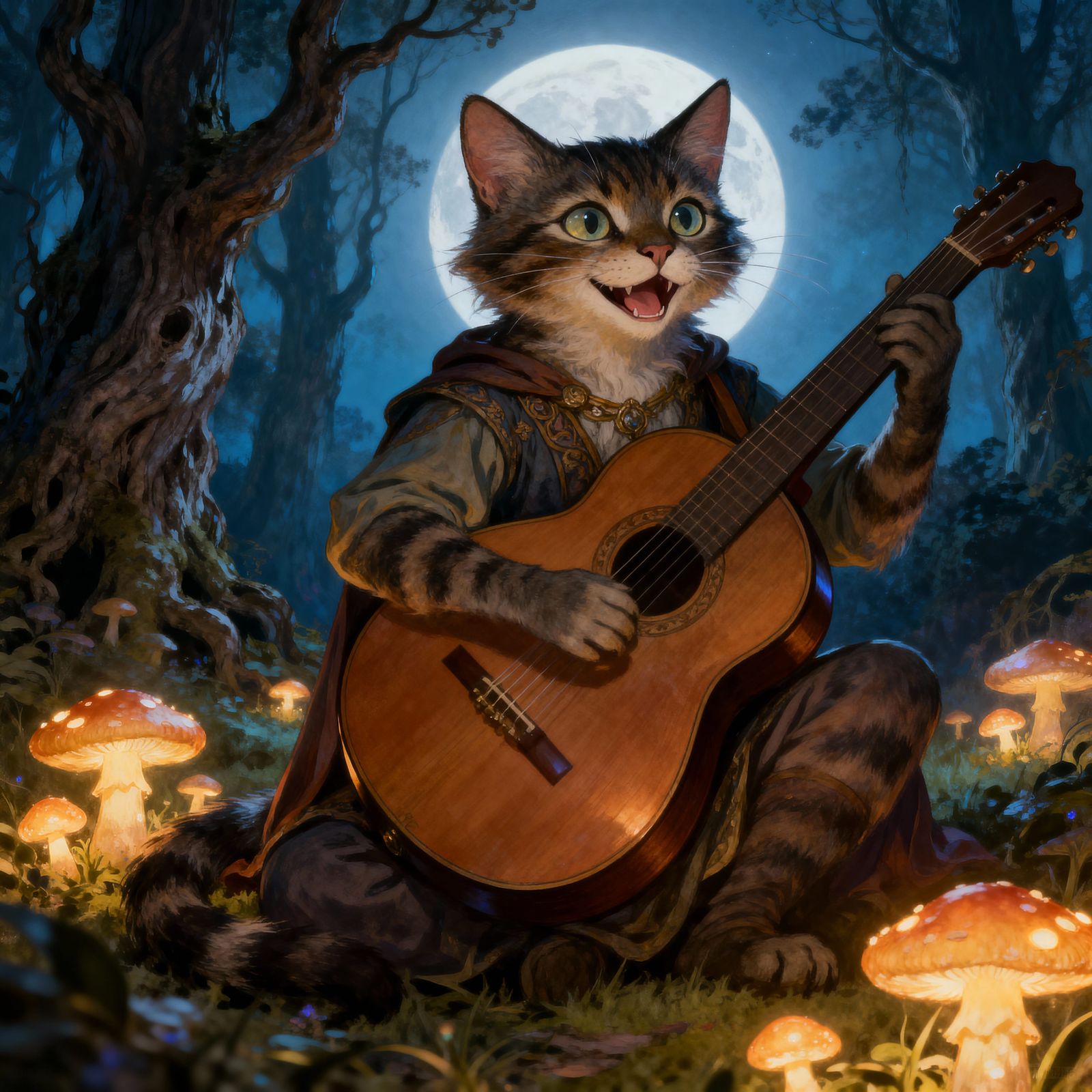 Catfolk Bard Serenades Enchanted Forest in Fantasy Art Style