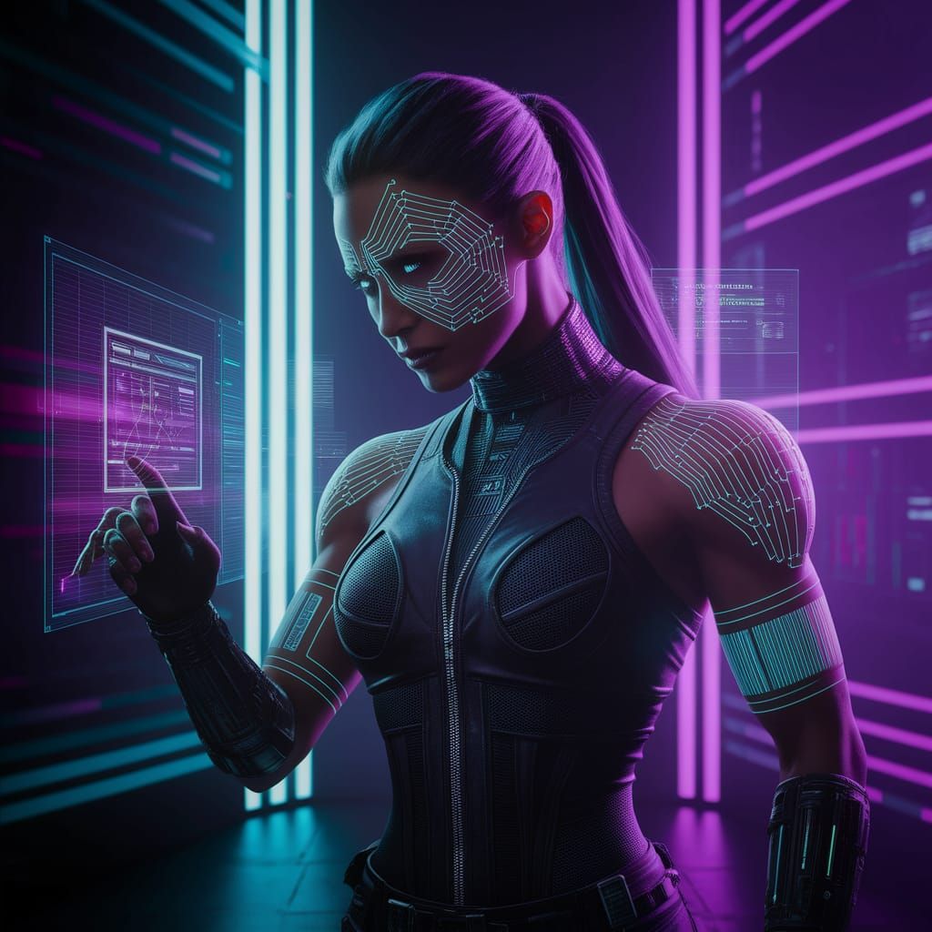 Cyberpunk Amazonian Hacker in Neon Data Haven
