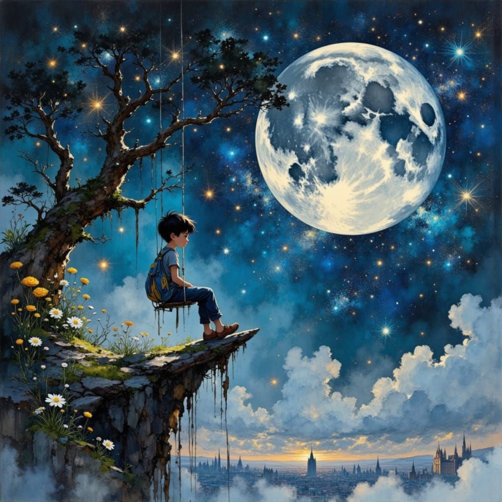 Boy Swinging at Night with Cosmic Cityscape