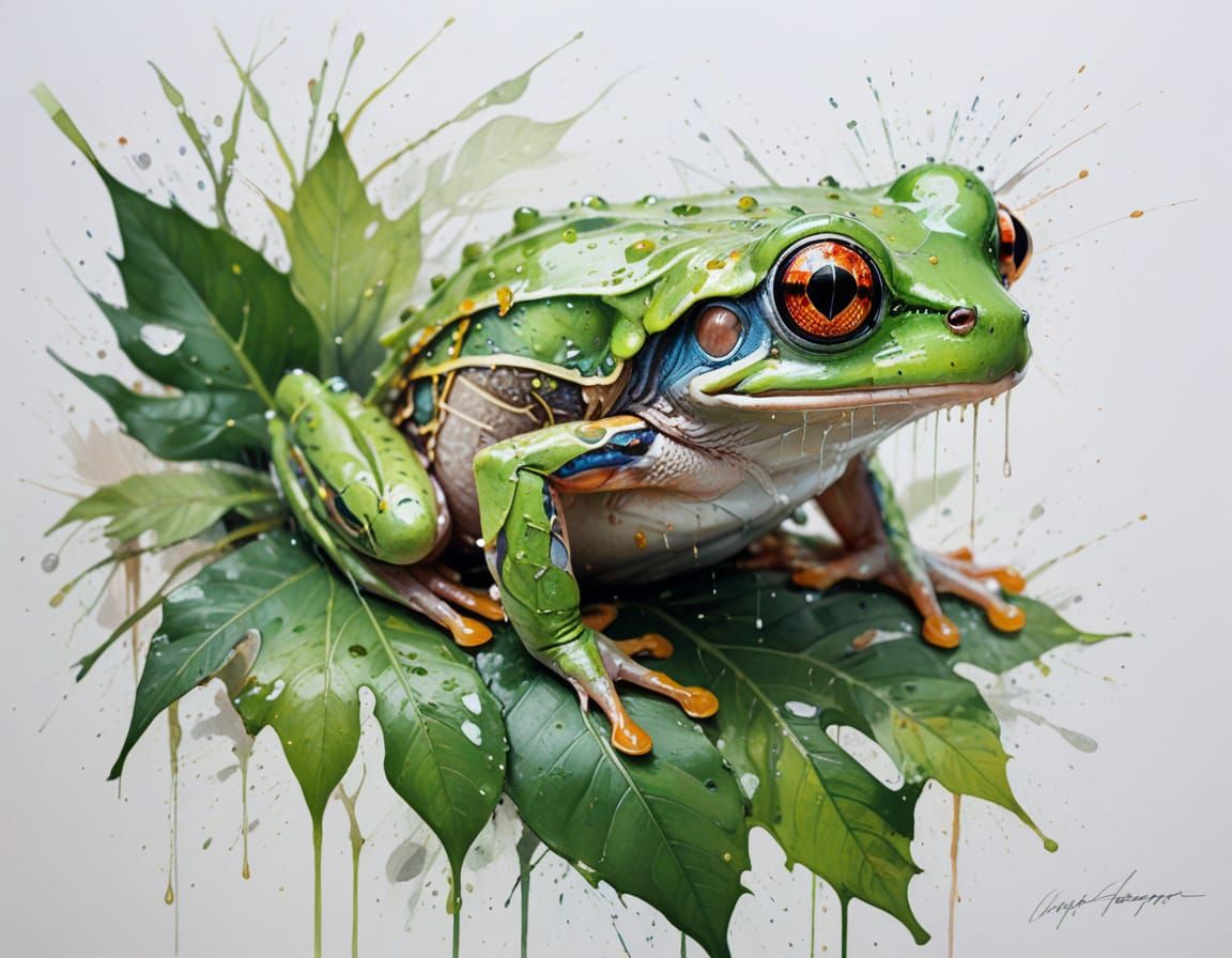 Tree Frog on Leaf with Golden Eyes in Acrylic Splash Style