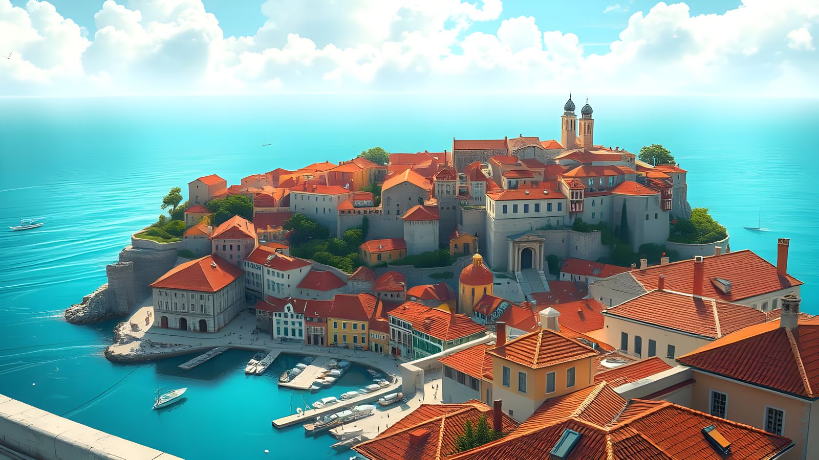 Dubrovnik Island Painting in Cartoon Style