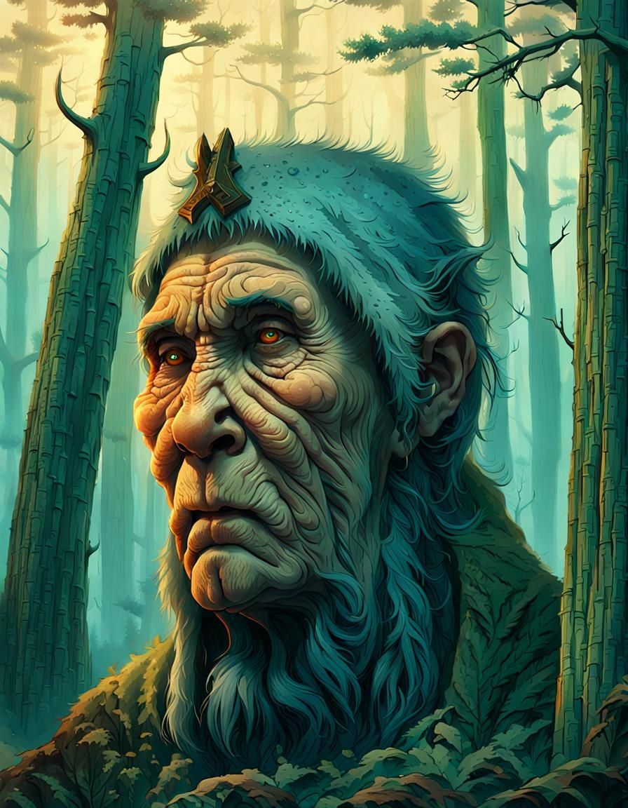 Mystical Neanderthal Woman in Emerald Forest: Fantasy Art