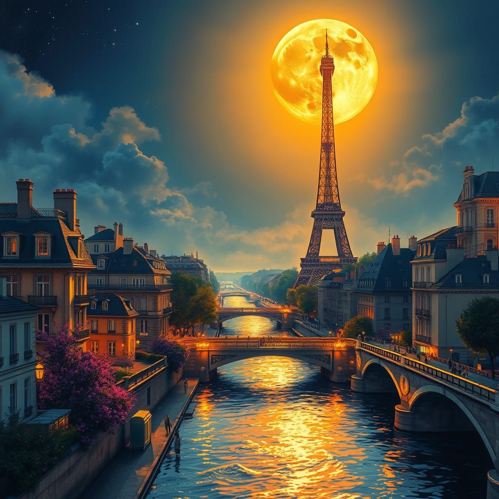 Moonlit Paris Masterpiece with Vibrant Colors