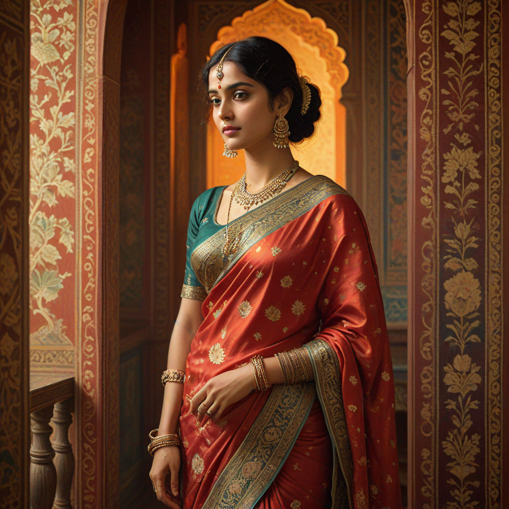 Indian Fashion Illustration. Medium shot. A woman wearing a satin saree, standing in a luxurious haveli. Head and should...