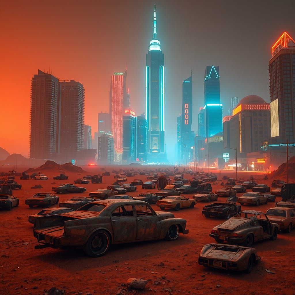 Rusted Cars Lie Abandoned in a Cyberpunk Metropolis