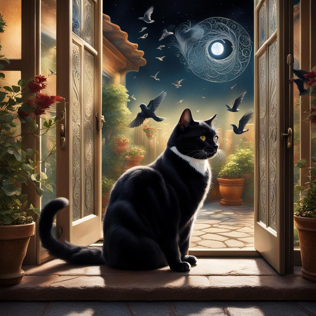 Black Cat Watching Birds: Matte Painting