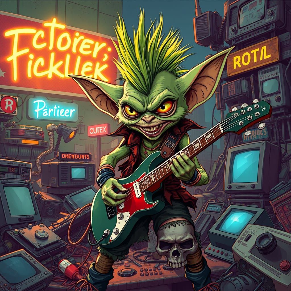 Punk Rock Gremlin Shreds in Junkyard, Comic Book Style