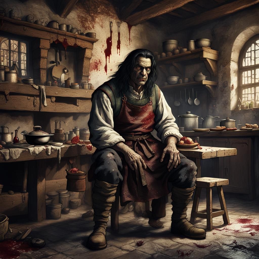 Fantasy Giant Chef in Medieval Kitchen, Detailed Matte Paint...