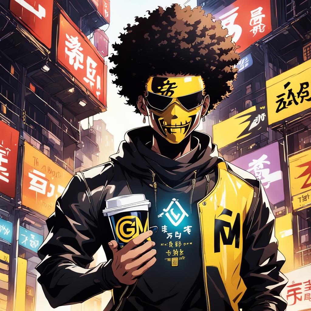 Anime Man with Afro and Mask Holding Cup