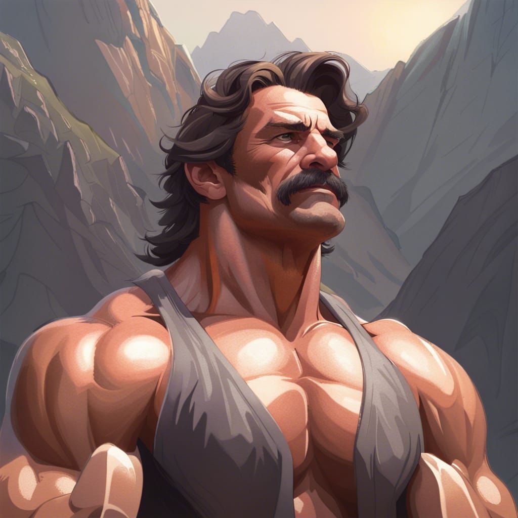 Bodybuilder Portrait with Mountain Backdrop, Hyperdetailed A...