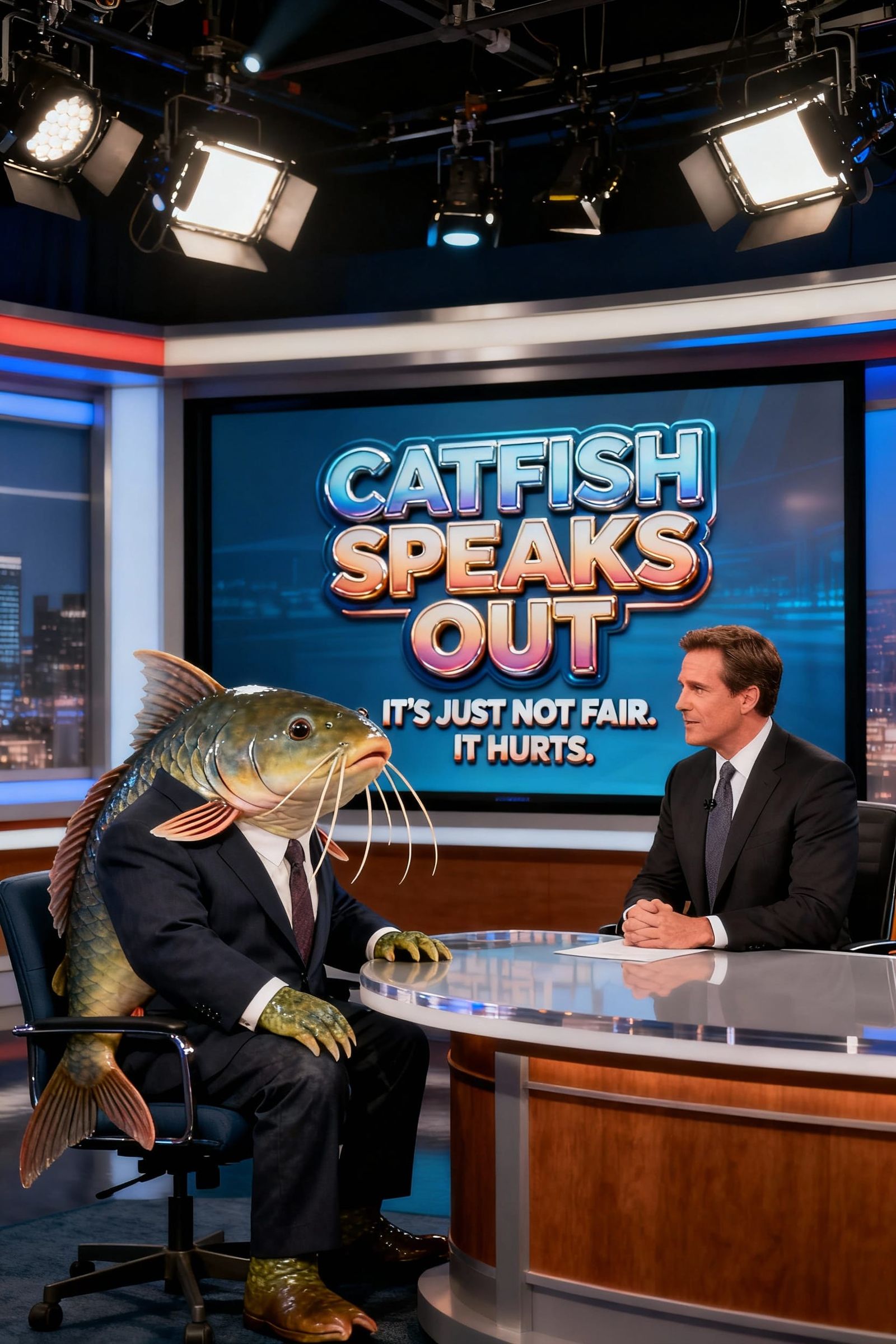 Absurd TV Promo: Catfish Man Interviewed in News Studio