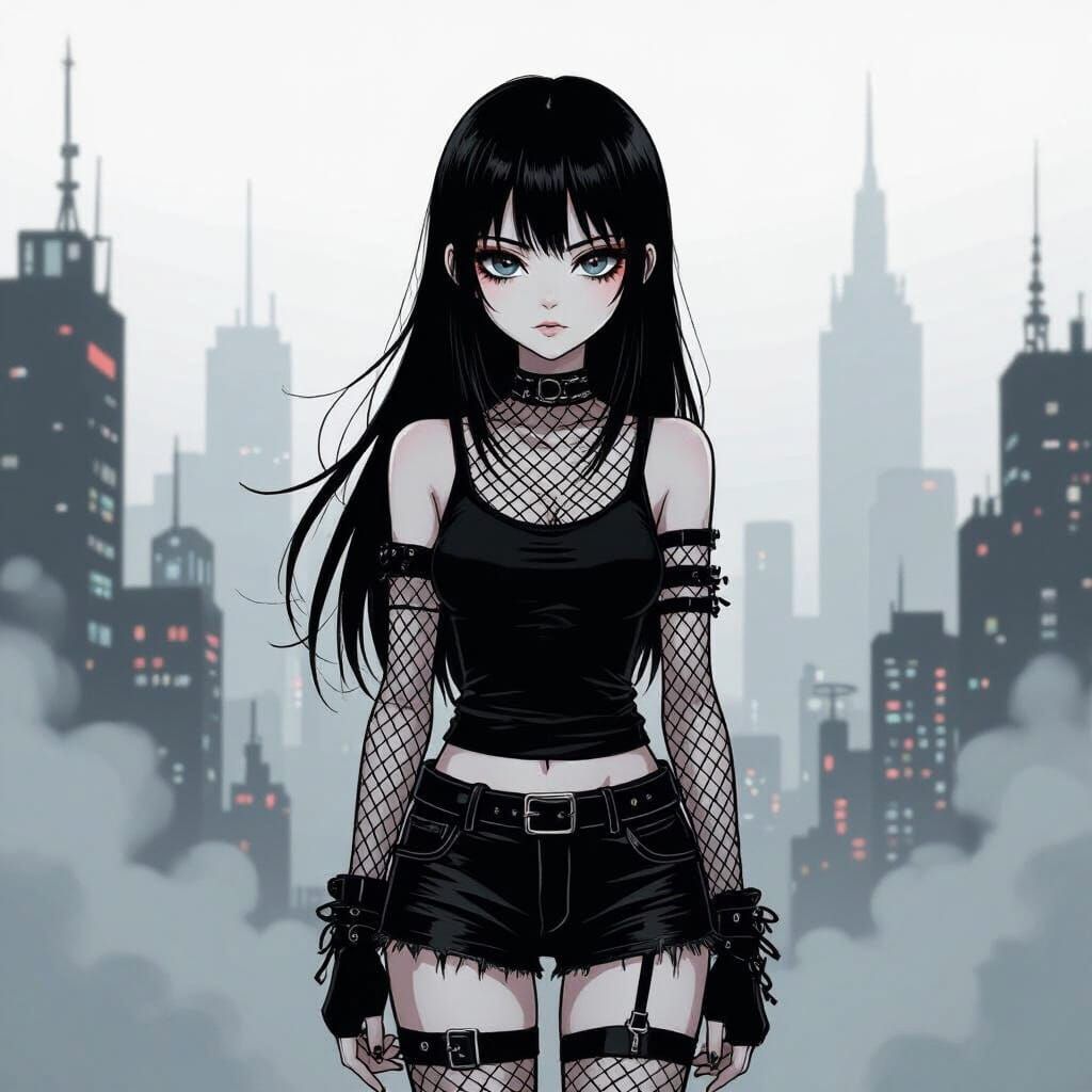 Stylized Anime Emo Girl in Misty Cityscape