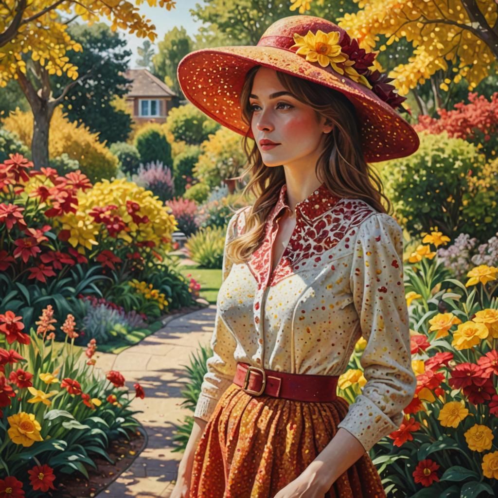 Pointillist Woman in Sunny Garden with Vibrant Colors