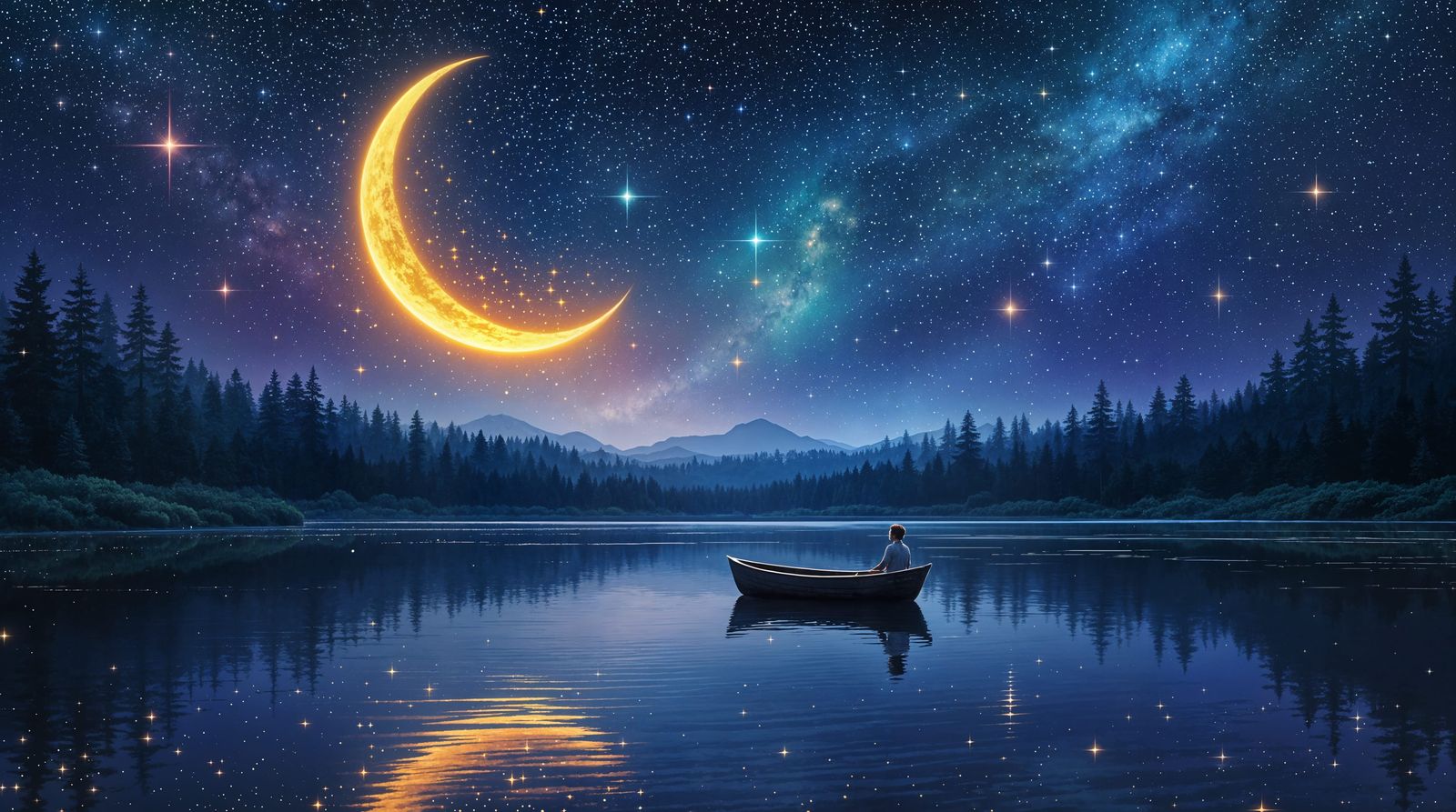 Dreamy Moonlit Lake Scene in Vibrant Colors