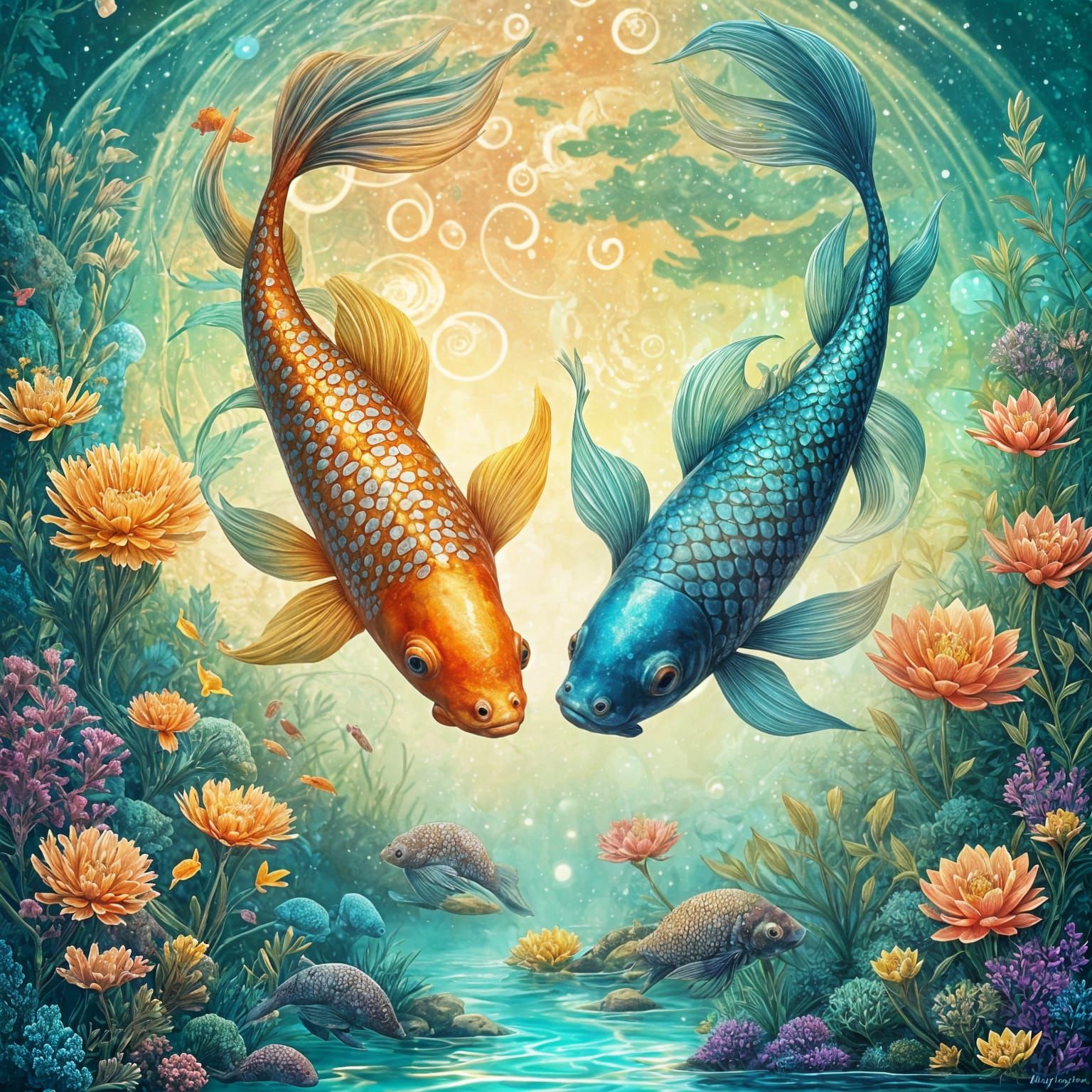 Intricately Crafted Yin Yang Koi Fish in a Sparkling Aquariu...