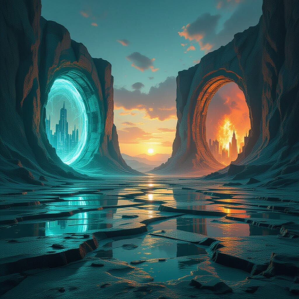 Alien Landscape with Cyberpunk Portals, Hyperrealistic Art