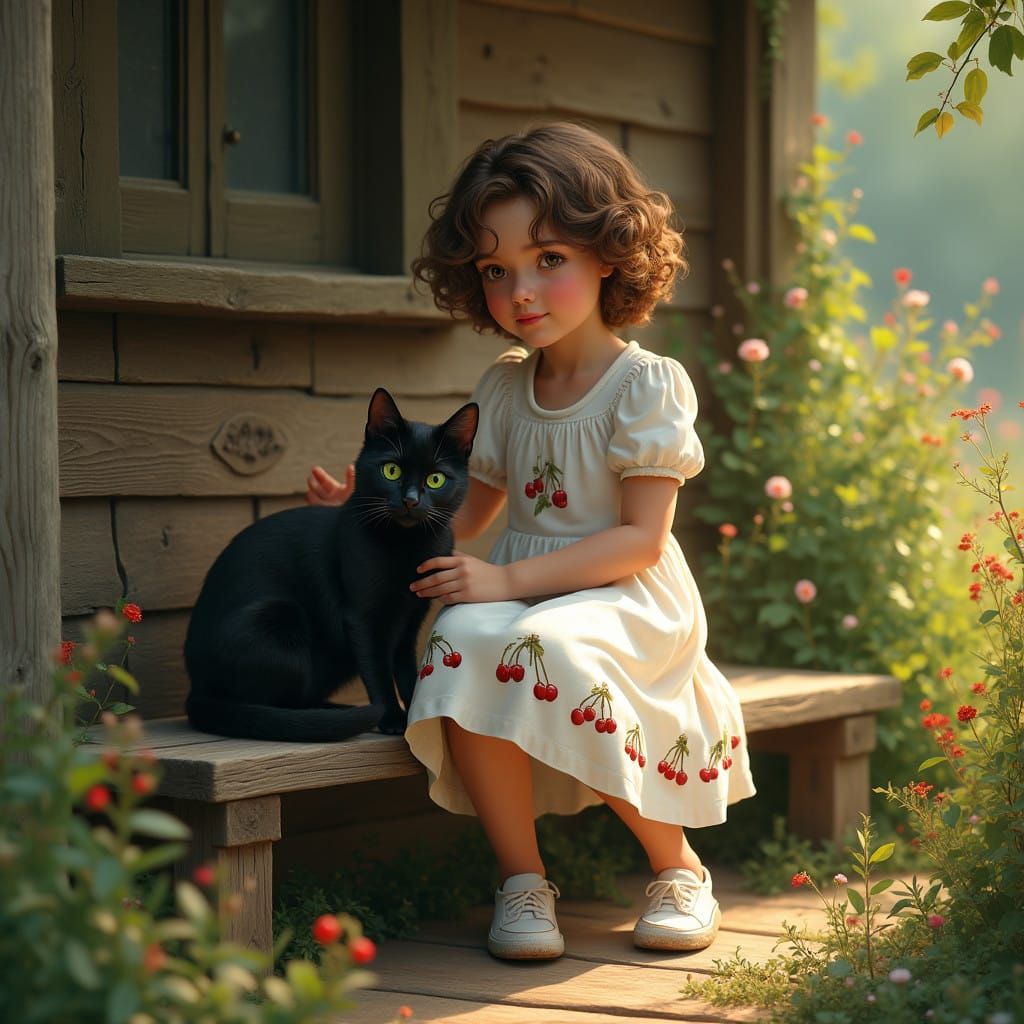 Rustic Farmhouse Scene with Girl and Cat in Dreamlike World