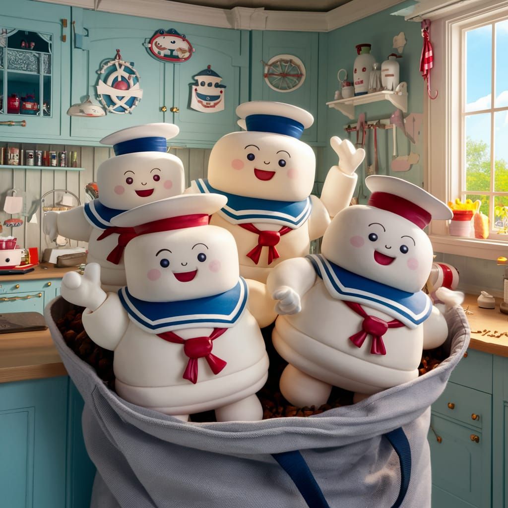 Marshmallow Men in Sailor Suits Explore Kitchen