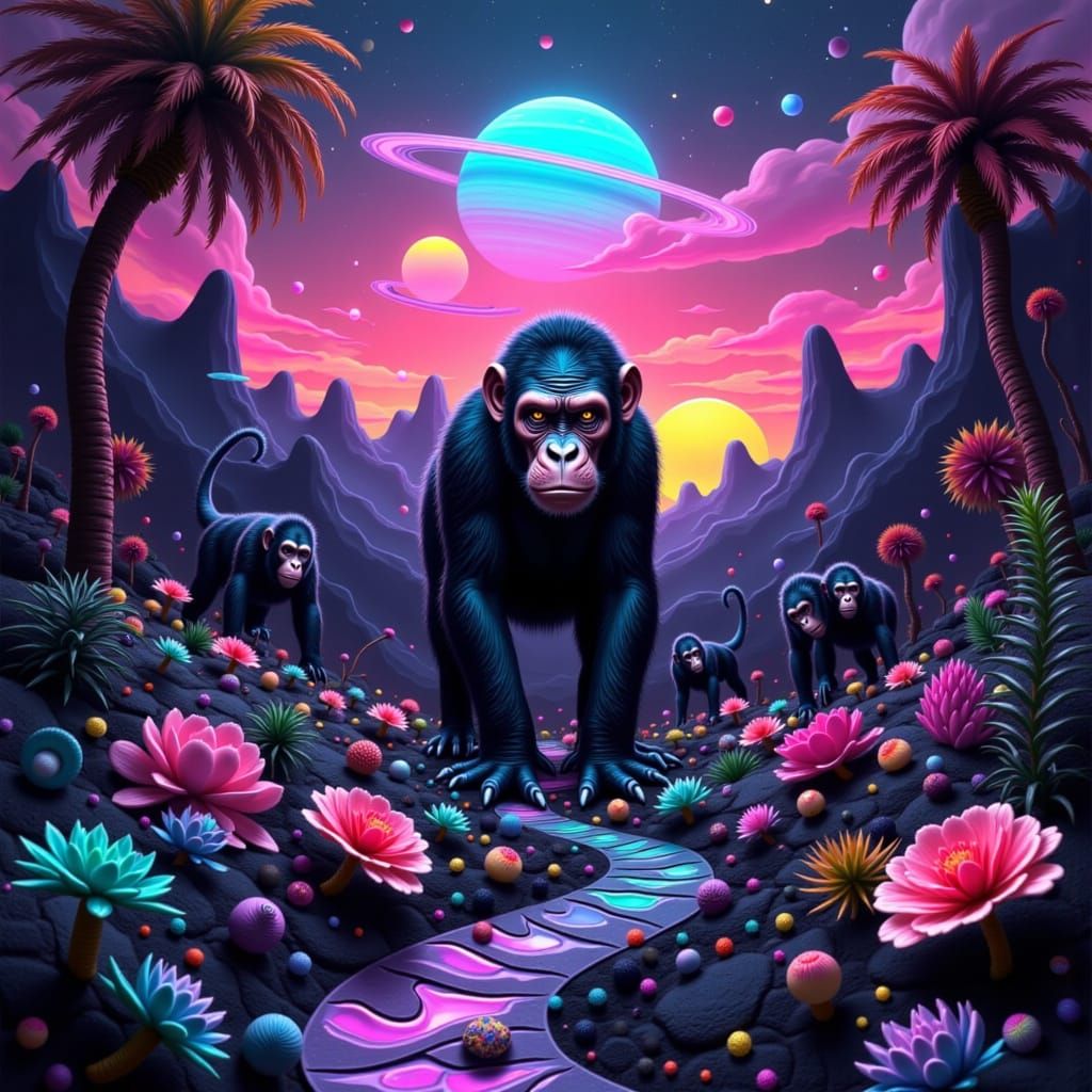Neon Apes in Iridescent Landscape, Surreal Art