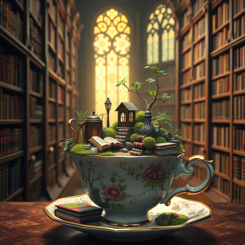Miniature Library Teacup Ecosystem Digital Art