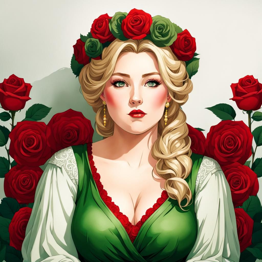 Anime Woman in Green Gown with Rose Crown