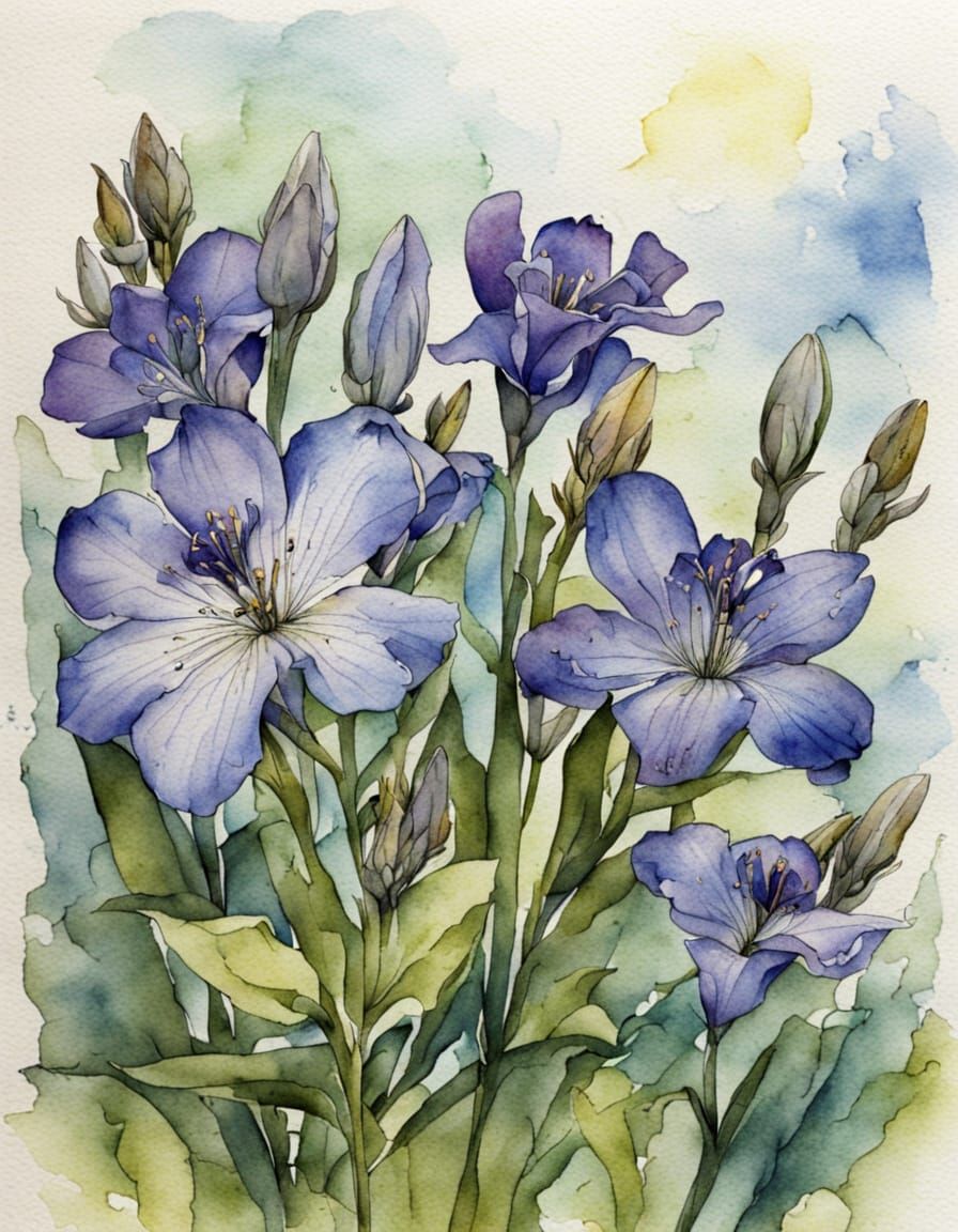 Bavarian Gentians in Whimsical Watercolor Ink Style