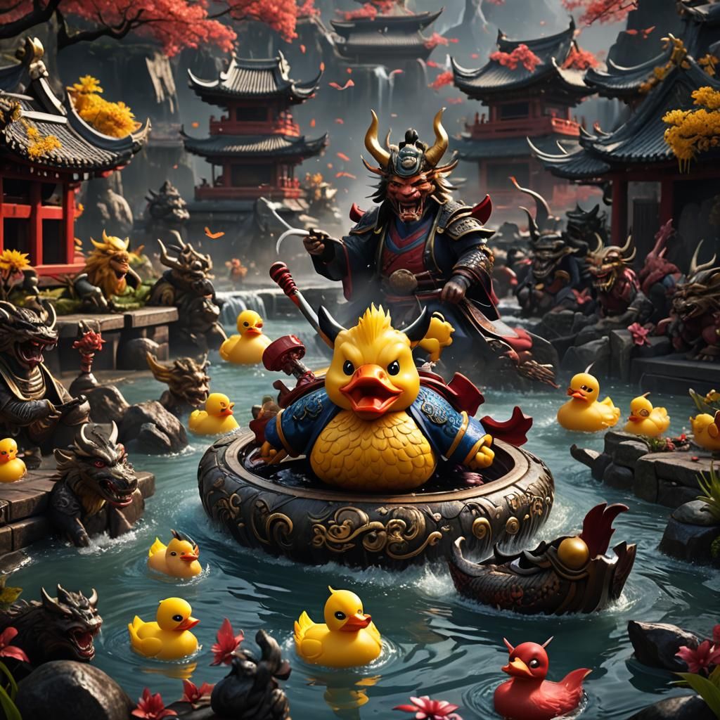 Samurai Rubber Ducky vs Demons in Digital Painting
