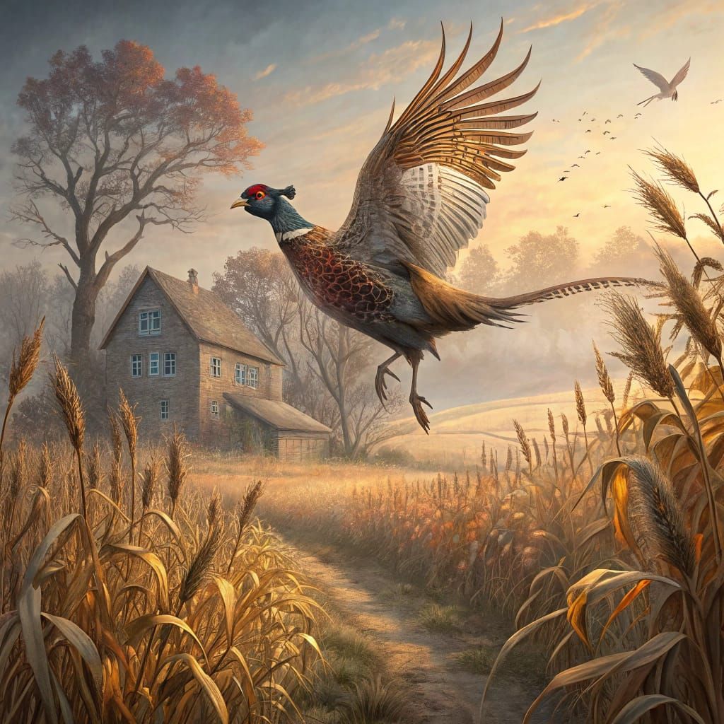 Ethereal Pheasant Soars Above Golden Cornfields and Rustic F...
