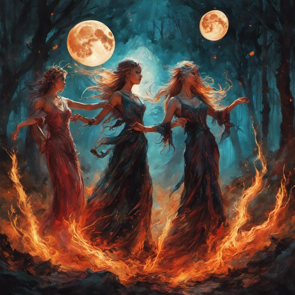 Witches Dancing Around Fire Worshipping Moon