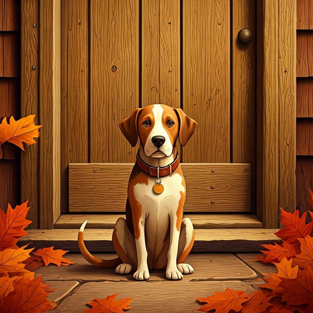 Dog in Autumn Leaves Folk-Art Style