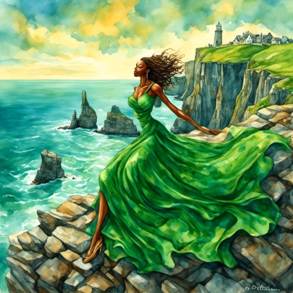 Woman in Green Dress at Cliffs of Moher
