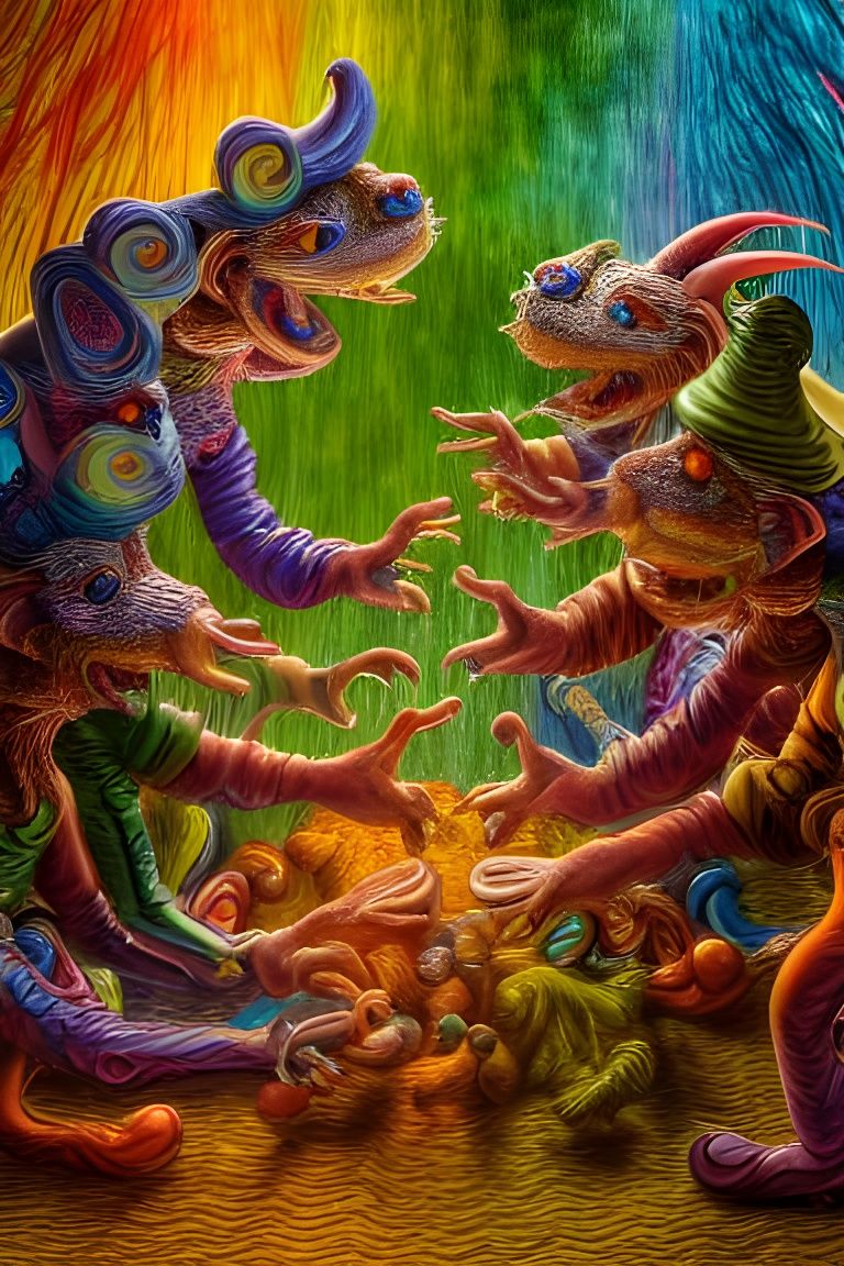 Rainbow Goblins Playing in a Magical Forest