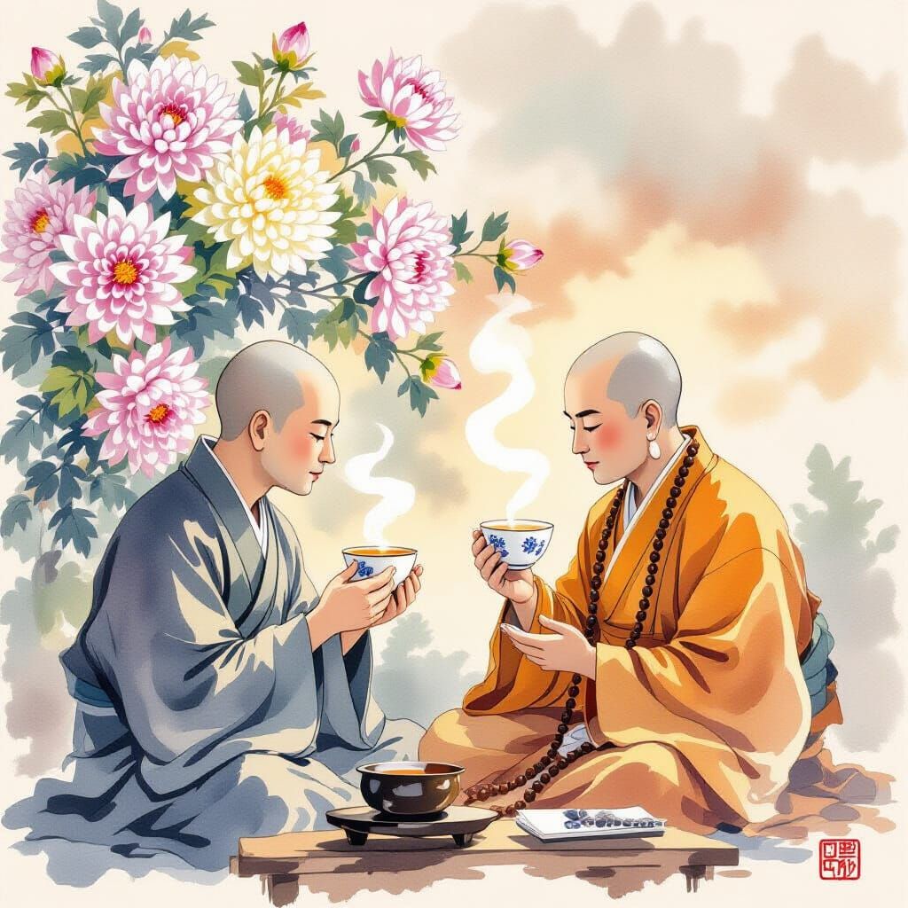 a monk quietly sips his morning tea a flowering chrysanthemu...