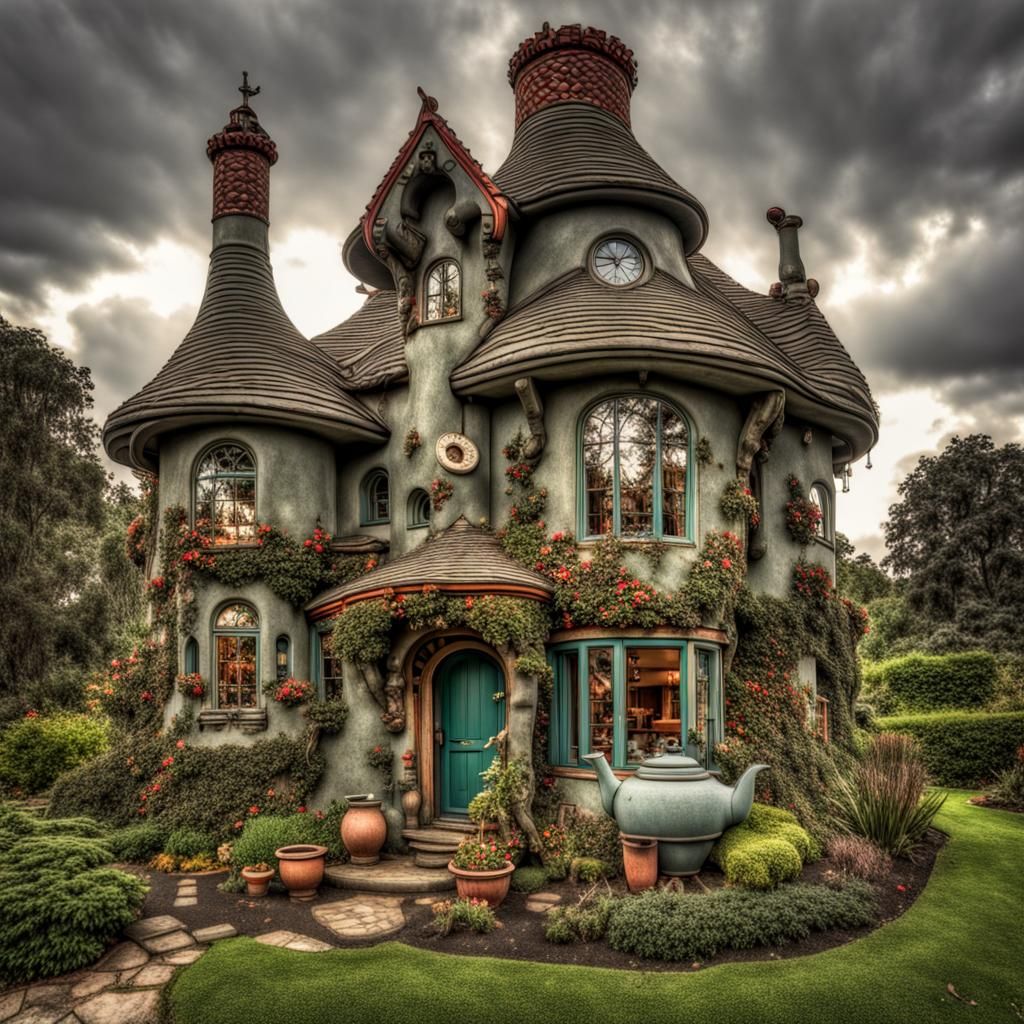 Whimsical Teapot House in Hyperrealistic Style