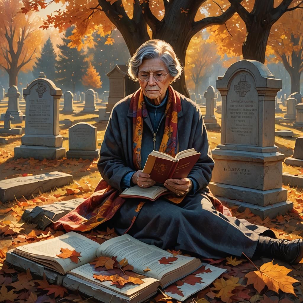 Autumn Remembrance: Grandmother Reads at Grave, Art Nouveau