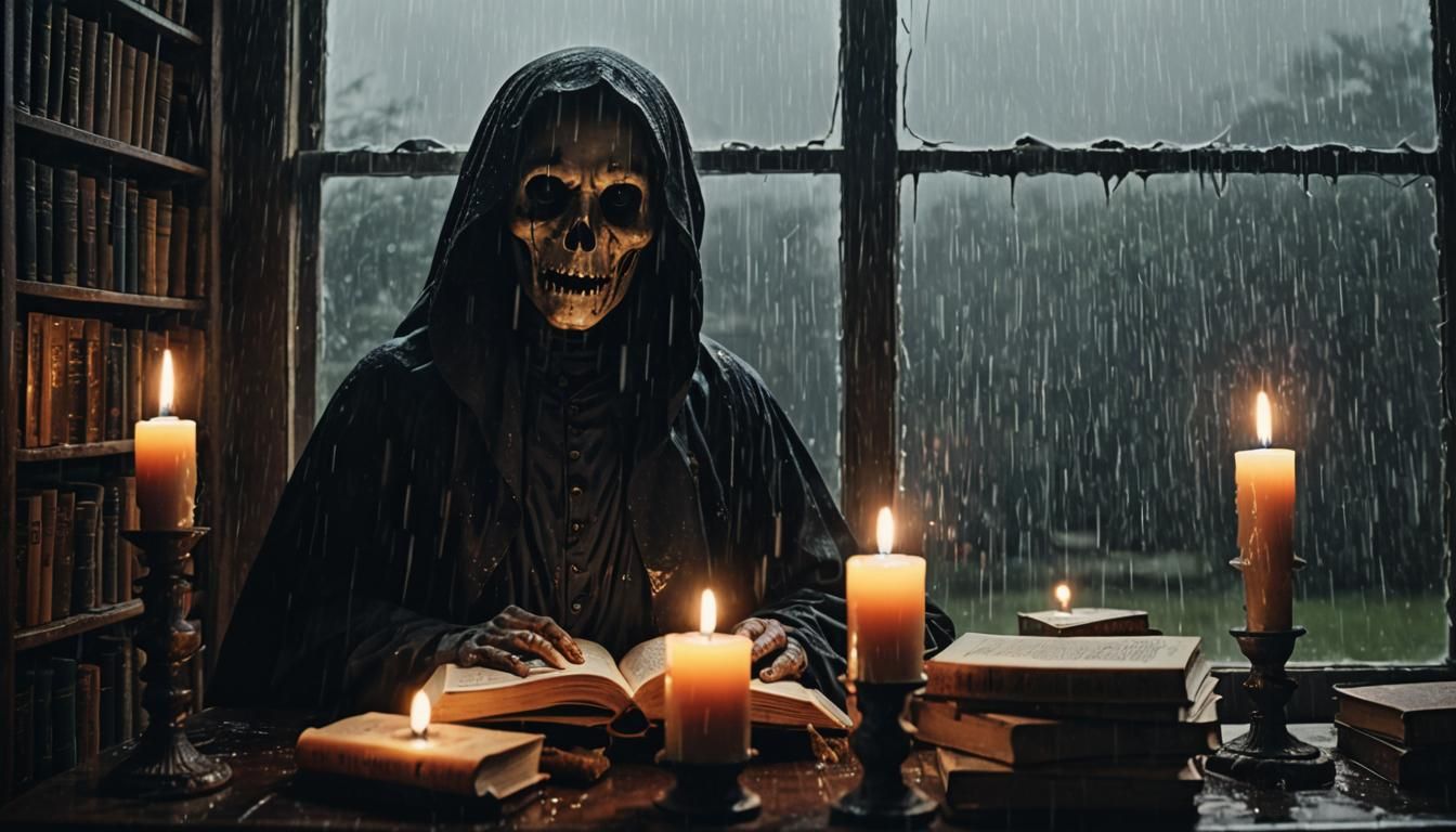 Scary Ghost Face in Haunted Library with Candles