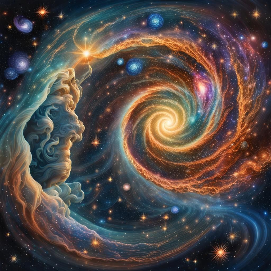 Ethereal Figure Amidst Swirling Galactic Stellar Close Ups