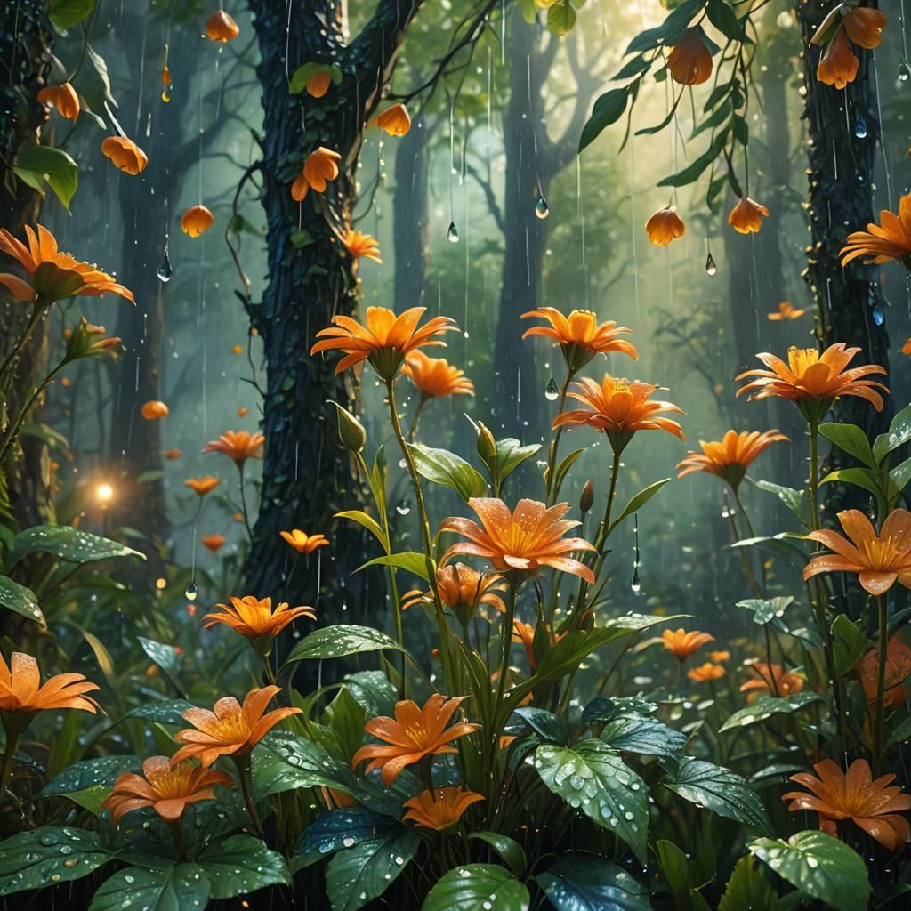 Lush Forest Flowers in Rainy Matte Painting