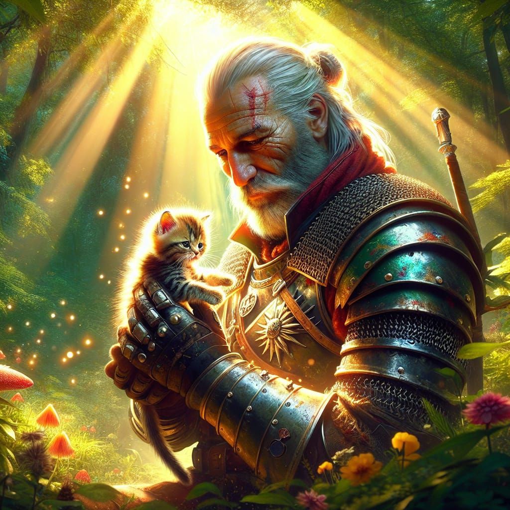 Warrior and Kitten in Sunlit Forest