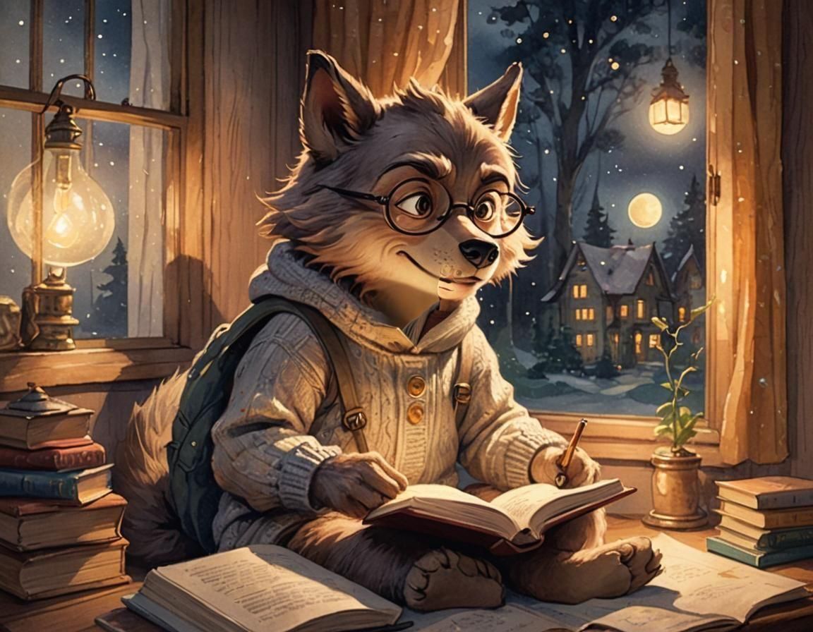 Cozy Werewolf Pup Reads in Vintage Bedroom