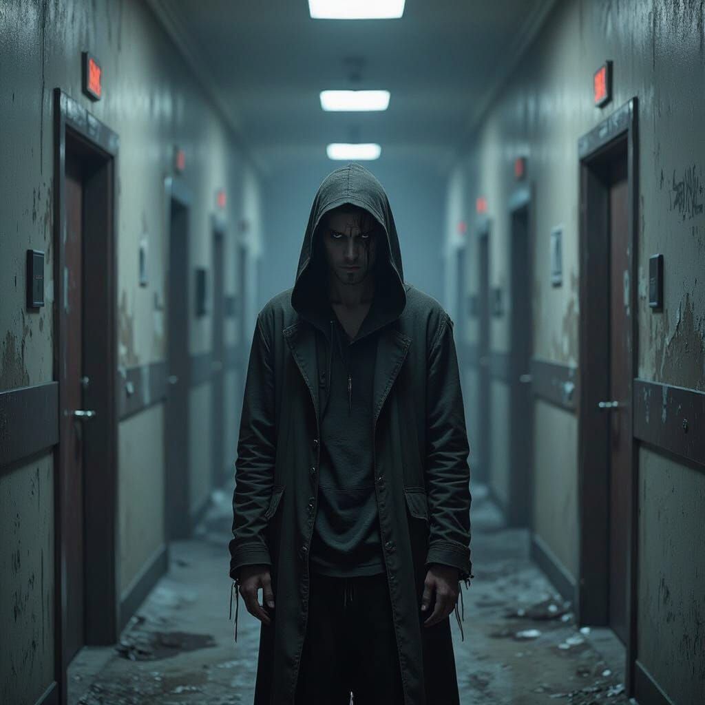 Lonely Figure in Endless Hallway, Dark Fantasy Art