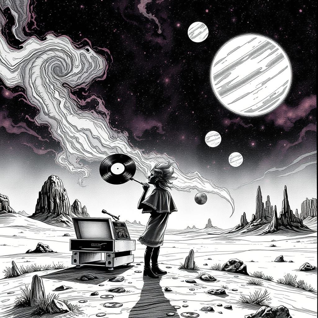 Woman With Record Player Under Alien Nebula Sky