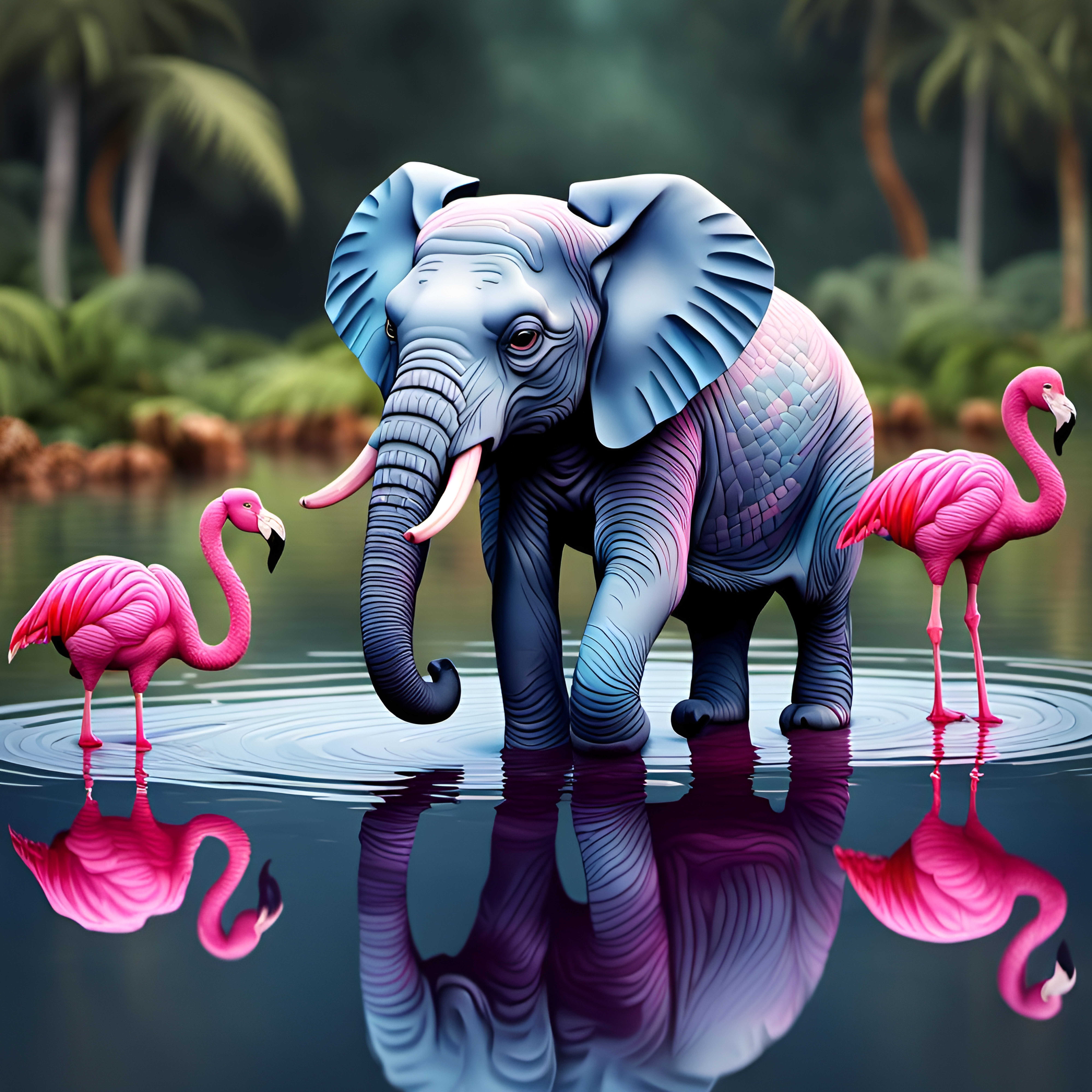 Baby Elephant and Flamingos in Hyperrealistic 3D