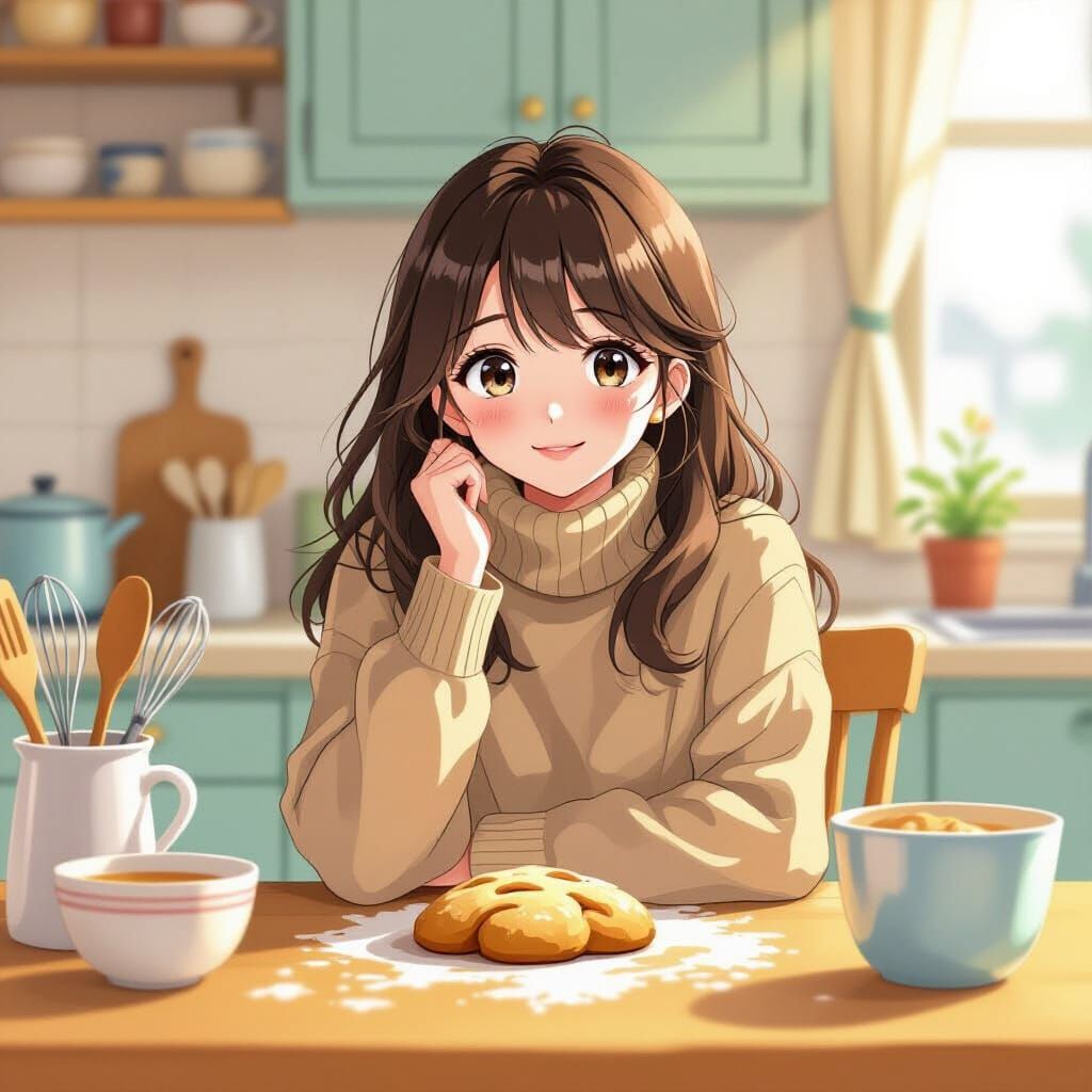 Anime Style Cookie Character in Cozy Kitchen