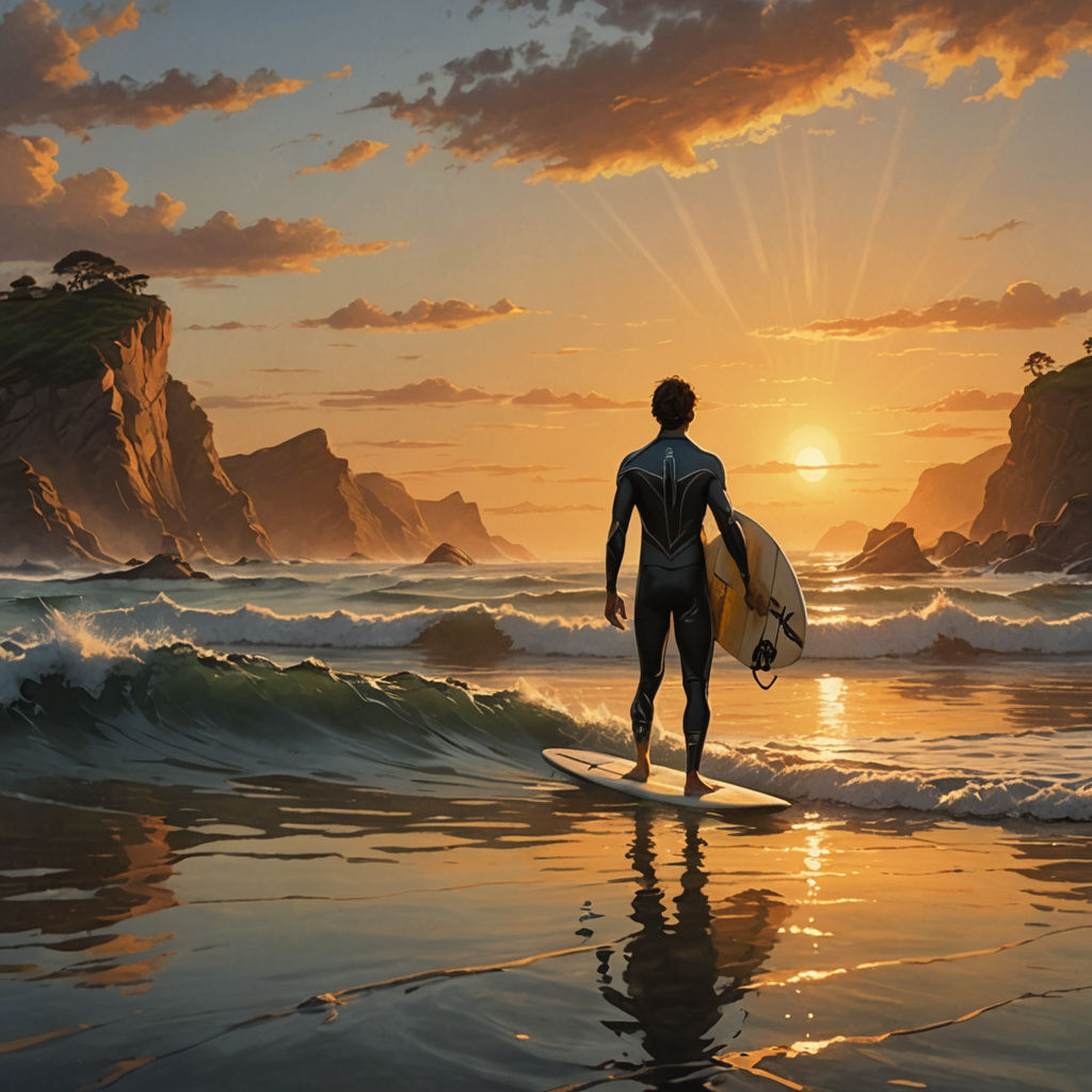 Surfer Silhouetted Against Setting Sun