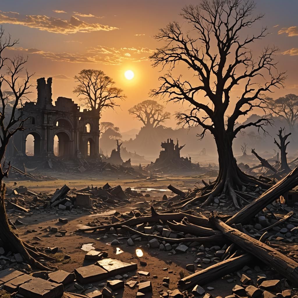 Post-Apocalyptic Sunrise Over Barren Wasteland