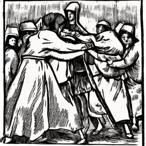 Fighting Nun Tackles Protestor in Totentanz Woodcut Style