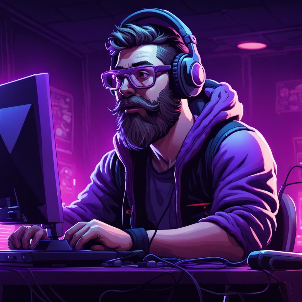 Bearded Gamer Cartoon in Neon Lighting