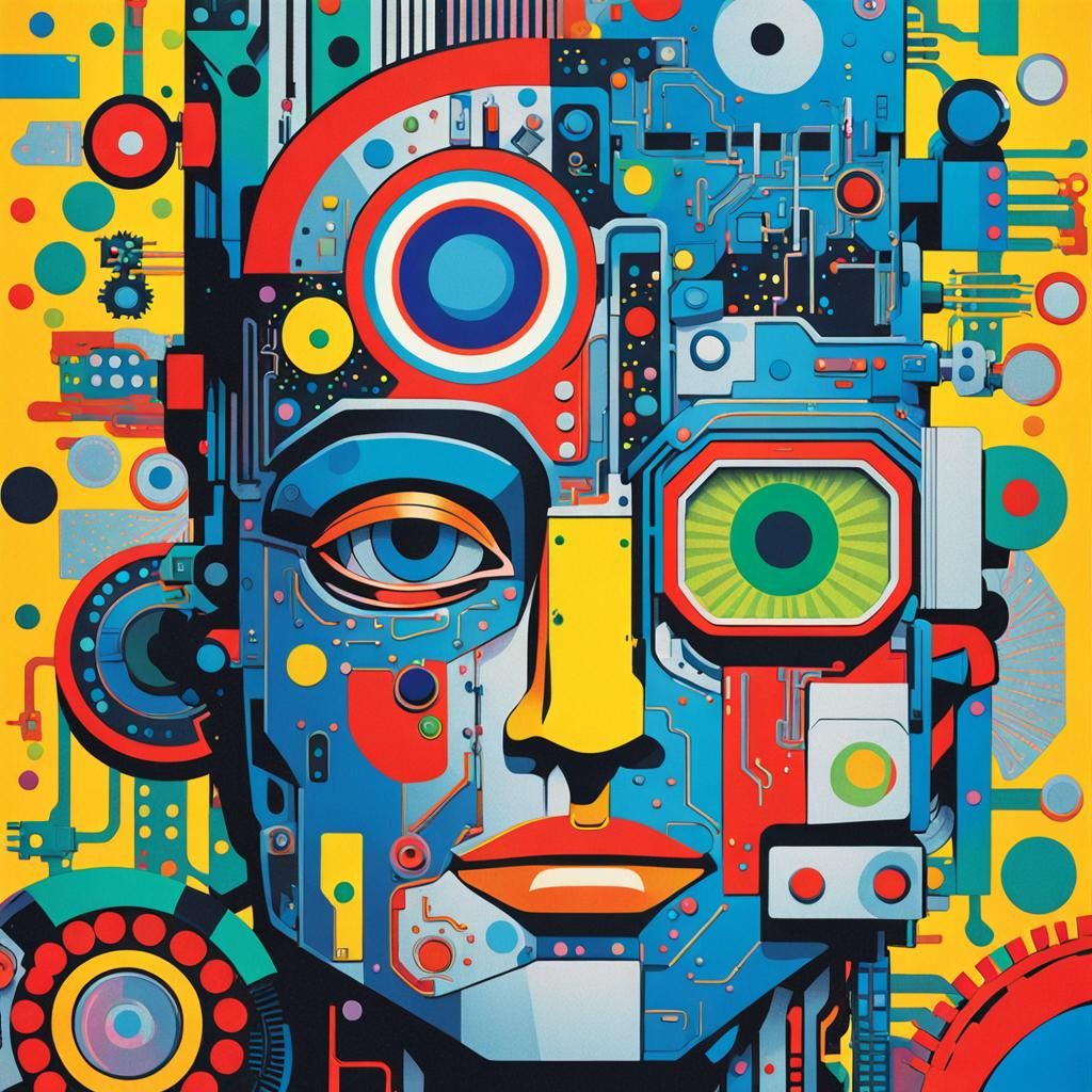 Cyborg Robot Portrait in Pop Art Style