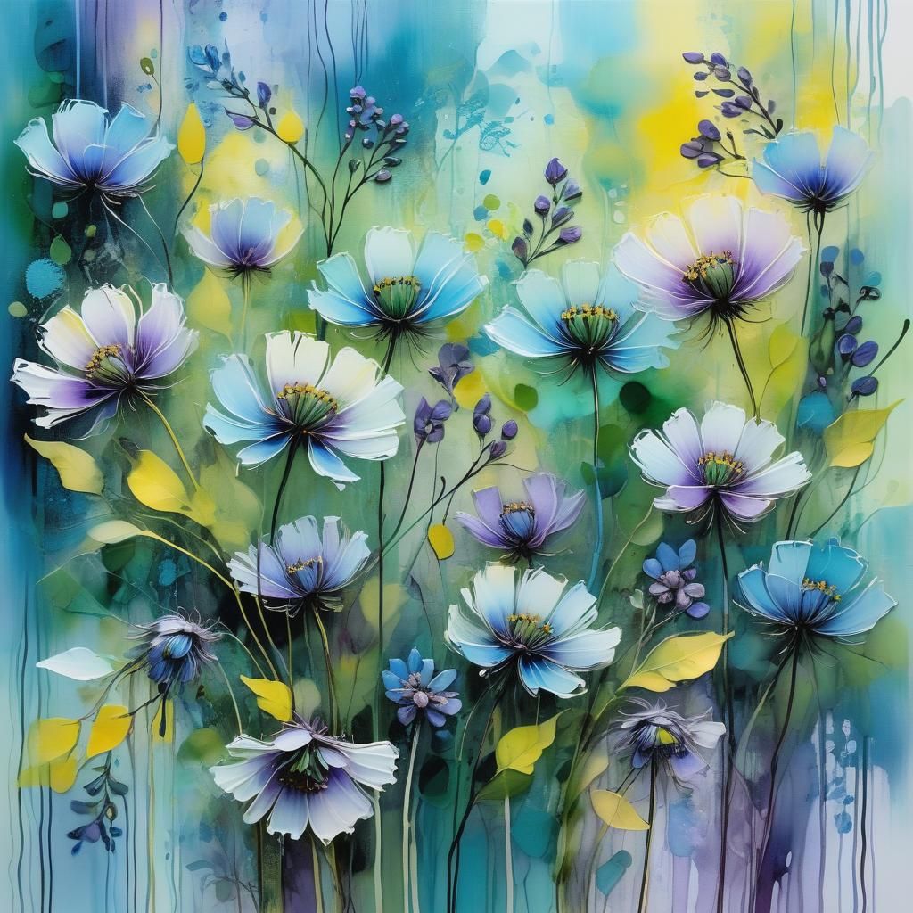 Whimsical Evening Blooms in Mixed Media Masterpiece